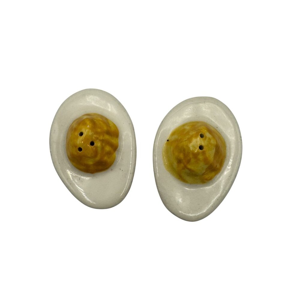 Egg-Shaped Ceramic Salt & Pepper Shakers  Handcrafted White & Yellow Design